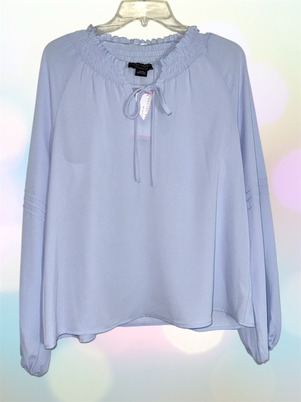 Social Standard by Sanctuary Light Blue Long Sleeve Smocked Neck Peasant Blouse